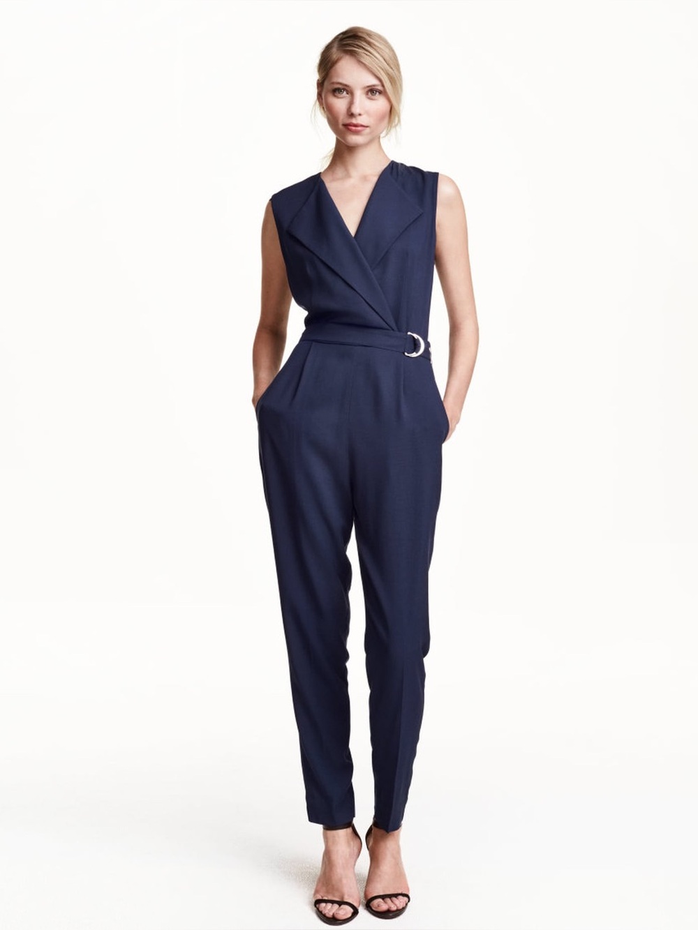 H&M Sleeveless Navy Wrap Textured Jumpsuit with Belt
